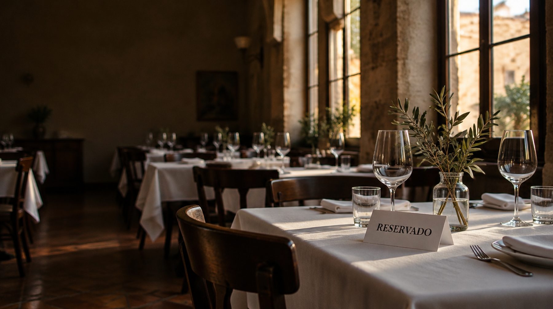 Un comedor preparado antes del servicio, con un cartel de Reservado en la mesa más cercana